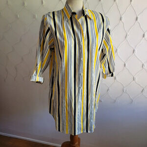Vintage Striped Tunic Blouse / Button Down / Yellow/Black/White / Sz 10